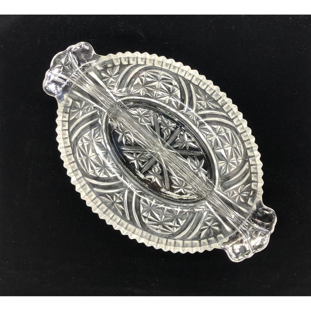 Vintage Clear Pressed Glass Divided Relish Dish Starburst Oval Serving‎ Tray 10"